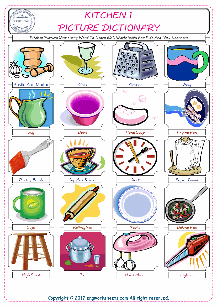  Kitchen English Worksheet for Kids ESL Printable Picture Dictionary 
